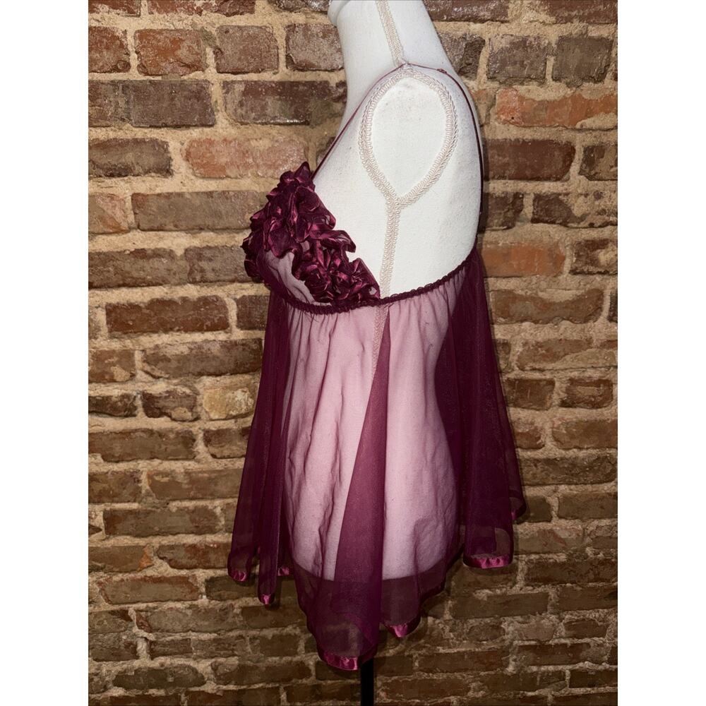 Frederick's Of Hollywood VTG Sheer Chiffon Lace Babydoll 80s Maroon Sz S Ribbon - Picture 3 of 9